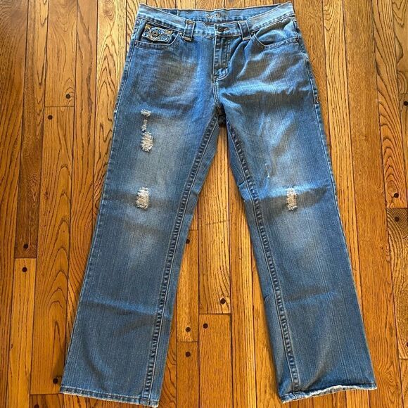 CARBON vintage 34 x 32 button flap pocket distressed straight leg jeans - Picture 2 of 8